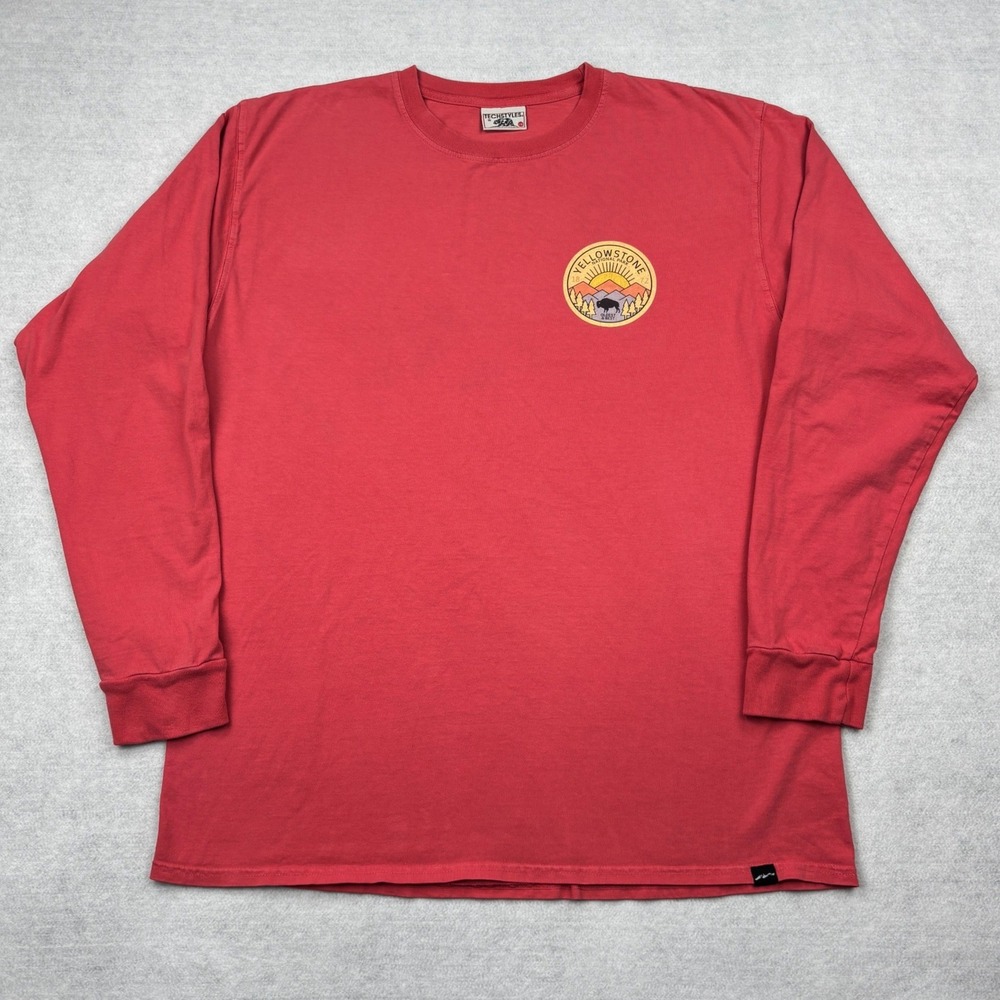 Techstyles Yellowstone National Park Shirt Mens Large Coral Long Sleeve Bison L